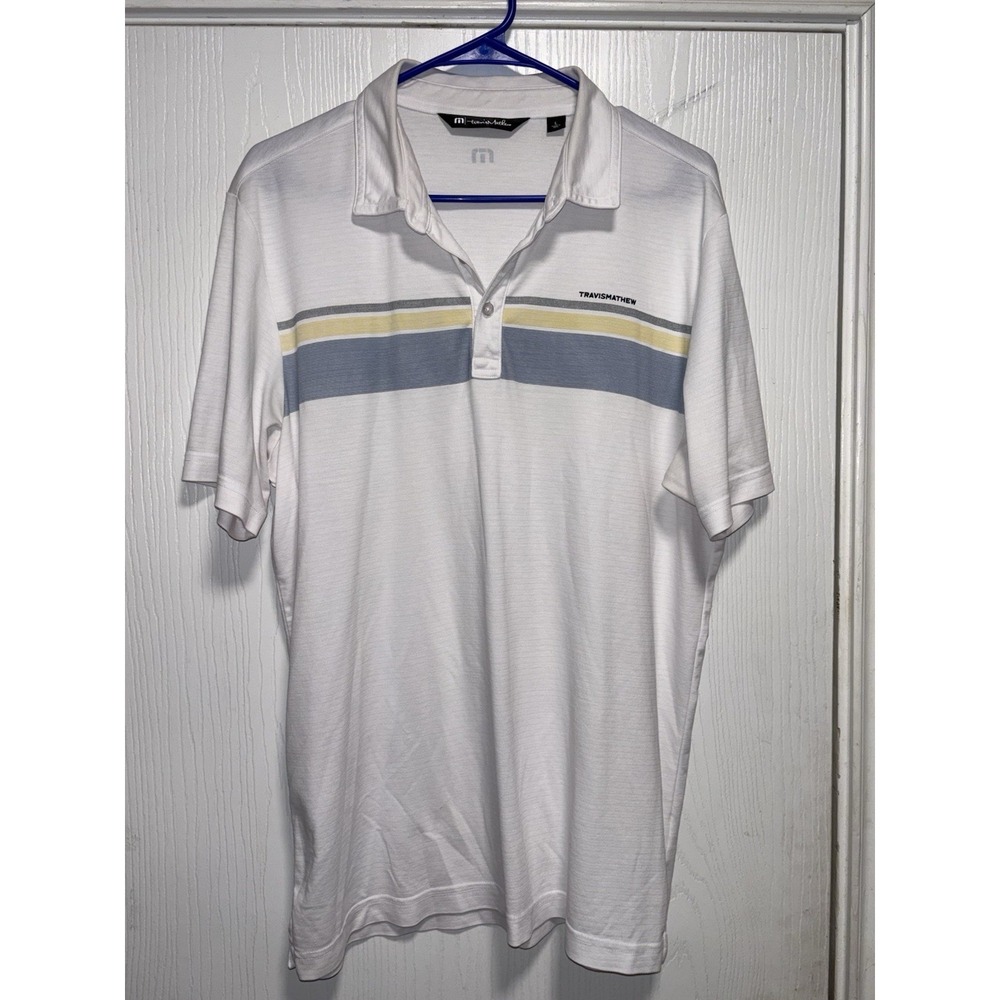 Travis Mathew Polo Golf Shirt~Mens Large White Blue Performance‎